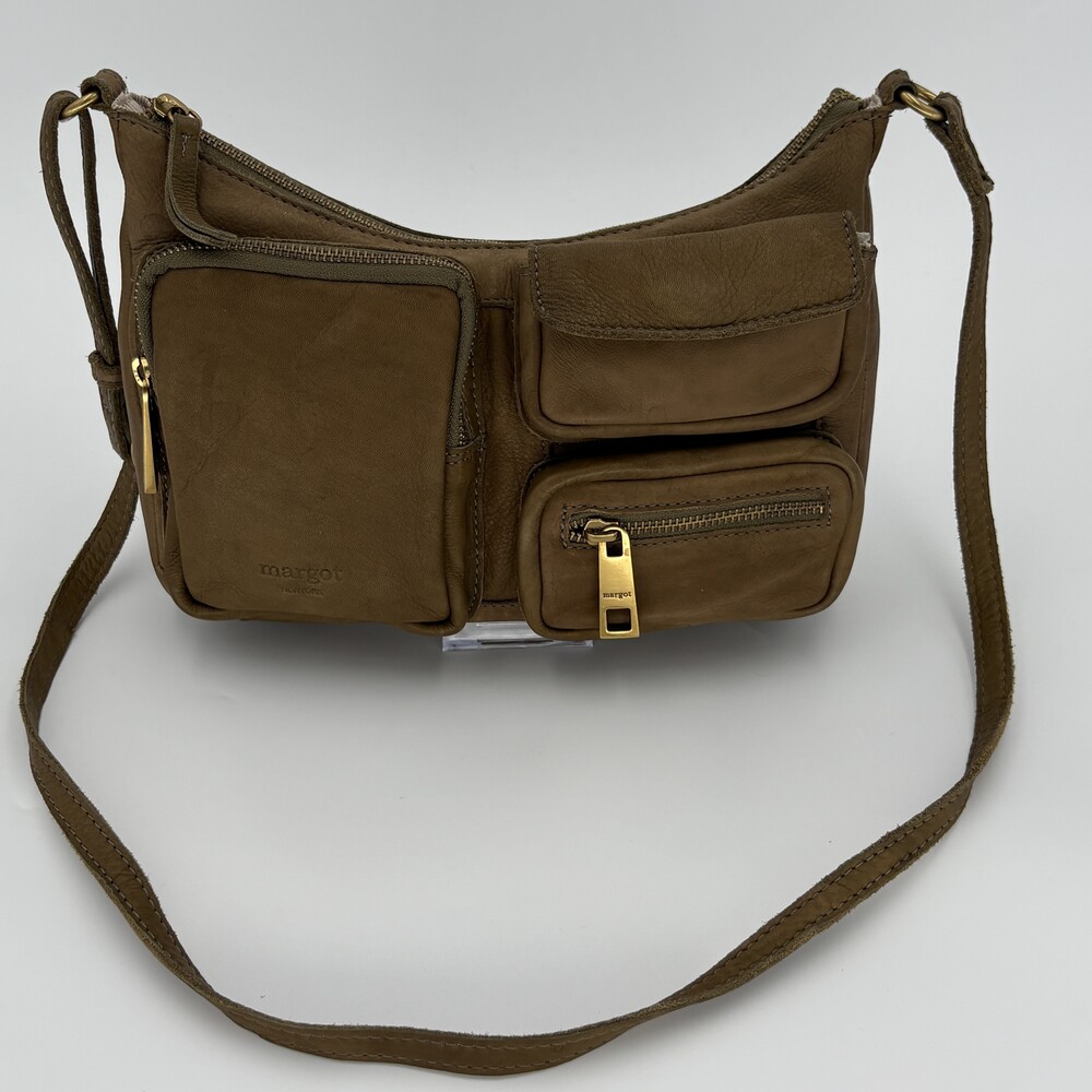 Margot New York Olive/Brown Leather Multi Pocket Utility Crossbody Bag